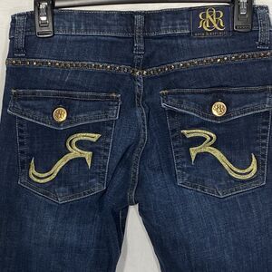 ROCK & REPUBLIC Kasandra Jeans Flare Low Rise Studded Embroidered Womens 6 Blue